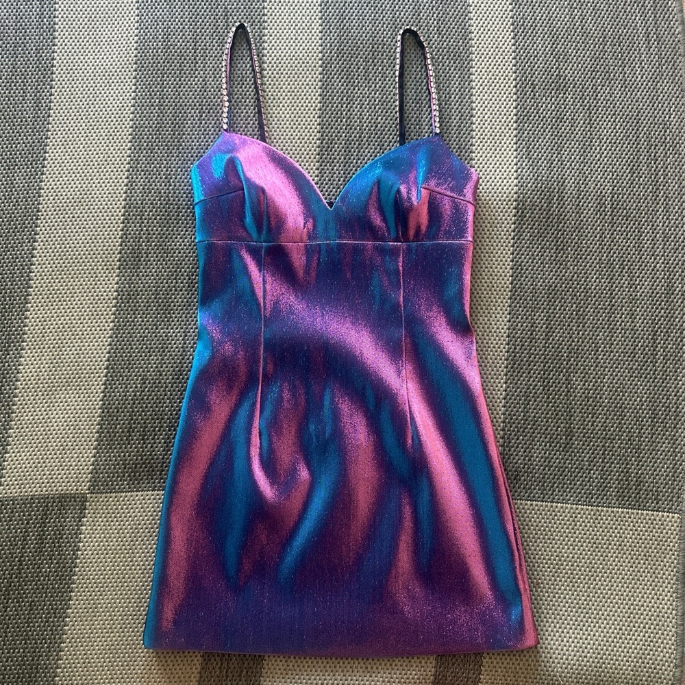 AREA Iridescent Purple and Blue Mini Dress